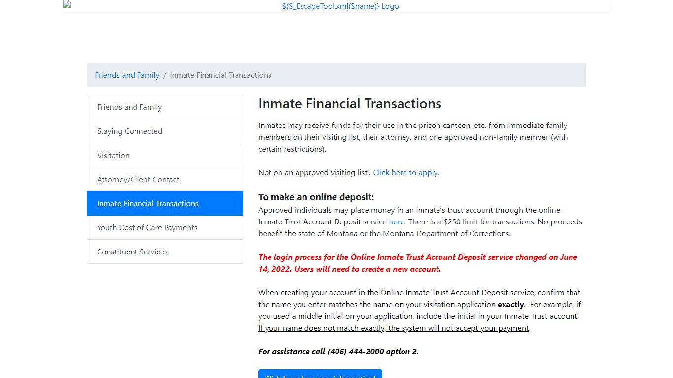Inmate Financial Transactions - Montana